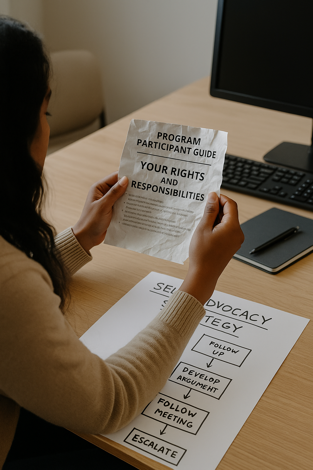 A woman sits at a desk holding a wrinkled “Program Participant Guide” titled “Your Rights and Responsibilities,” while a hand-drawn flowchart labeled “Self-Advocacy Strategy” rests nearby. The contrast between the bureaucratic pamphlet and the structured, user-created strategy highlights the shift from compliance to critical navigation. This image represents the lived tools of strategic self-advocacy—where people stop asking for help and start demanding change. #StrategicSelfAdvocacy #LivedExperienceTools #AdvocacyAI #DisabilityJustice #NeurodivergentVoices #SystemicNavigation #SSAHandbook #NothingAboutUsWithoutUs