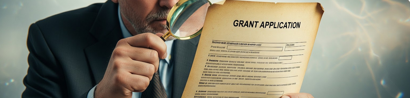 A person looking through a magnifying glass at a faded grant application form, with a mirage-like distortion in the background, symbolizing the elusive nature of funding.